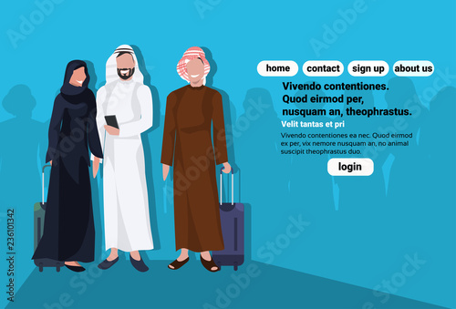 Arabic business people group holding valise wearing traditional clothes assignment travel concept male female cartoon character avatar blue background full length flat horizontal copy space
