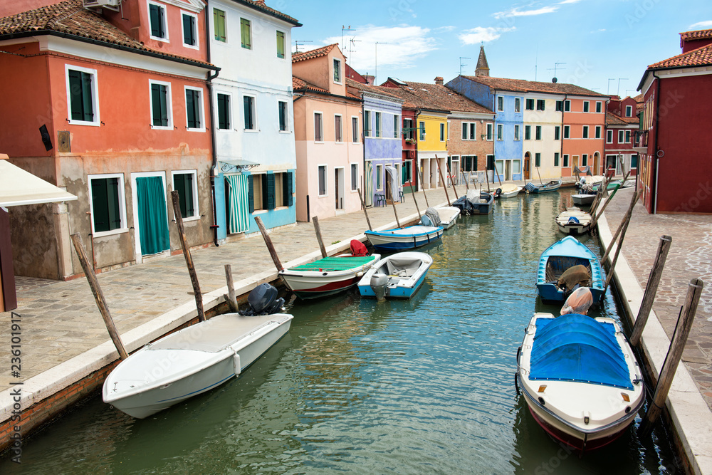 Beautiful river channel and streets with multicolored houses, Burano island, Venice, Italy