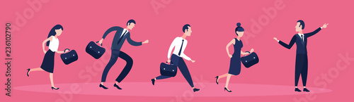 business people following team leader businessman pointing direction teamwork success concept flat horizontal banner cartoon character full length