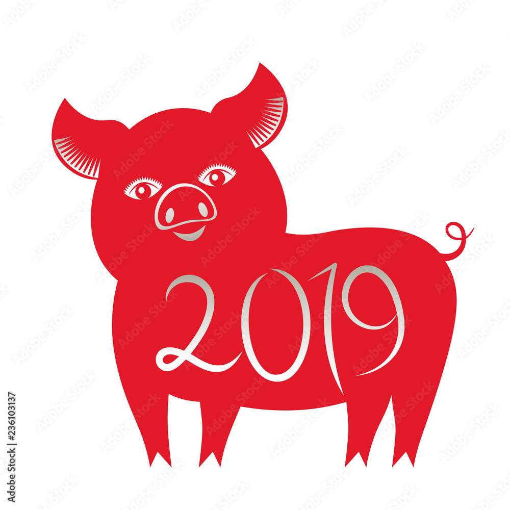 Chinese traditional zodiac sign Year of the Pig. Cutted pig from red paper. Happy Chinese New Year 2019. flat vector illustration isolated on white background Chinese traditional zodiac sign Year of the Pig. Cutted pig from red paper. Happy Chinese New Year 2019. flat vector illustration isolated on white background