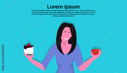 woman holding cake apple resist temptation making right dietary choice weight loss diet dilemma concept female cartoon character flat portrait horizontal copy space