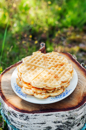 Stack of waffles outdoors in Sweden photo