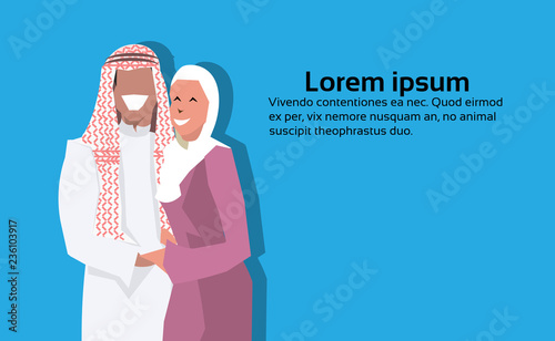 Arabic couple standing together wearing traditional clothes happy arab man woman cartoon character avatar blue background flat portrait horizontal copy space