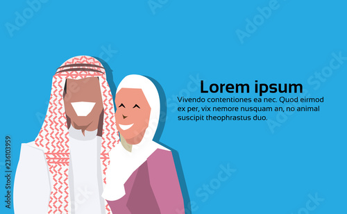 Arabic couple wearing traditional clothes happy arab man woman cartoon character avatar blue background flat portrait horizontal copy space