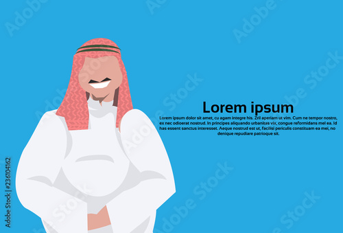 Arabic thick business man icon wearing traditional clothes arab businessman male cartoon character avatar blue background portrait horizontal copy space flat