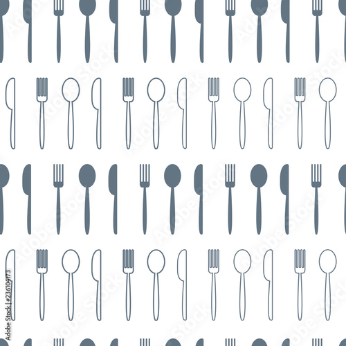 Seamless pattern with gray spoon, fork, knife isolated on white background, flat and outline design. Vector illustration