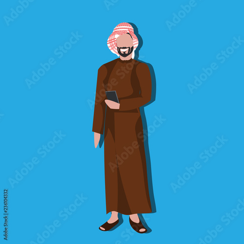 Arabic business man using smartphone wearing traditional clothes arab businessman male cartoon character avatar blue background full length flat