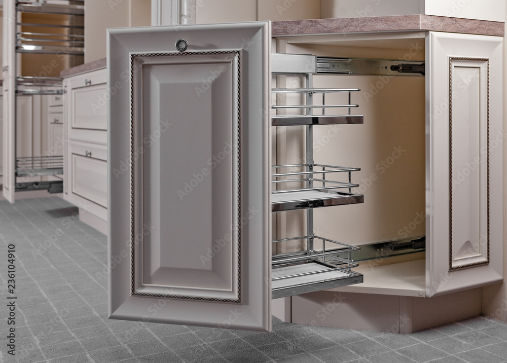 Fototapeta premium Home Interior. Kitchen - Opened Door with Furniture. Wood and Chrome Material, Modern Design.