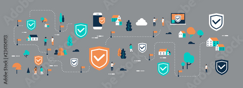 data protection shield access connection isometric people communication internet computer mobile security concept horizontal banner flat