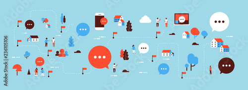 people online bubble chat speech communication map isometric concept computer mobile internet application horizontal banner blue background flat