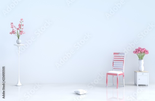 White room of love decor with chair,Orchid,pillow,cement wall,tiles bedside table,Tulip in glass vase. Valentine's day and new year. 3D render.