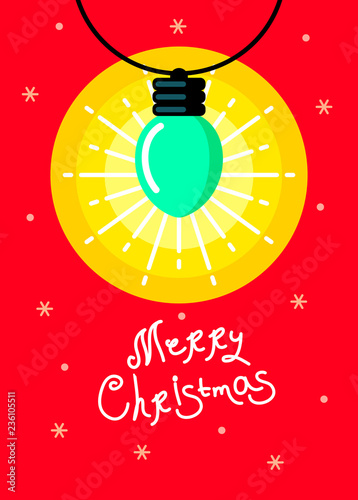 Vector Merry Christmas card with Christmas light bulb and Hand drawn holiday text on red background. Winter holiday greeting flat style design. Bright trendy graphic. Vector illustration.