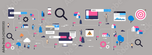 search engine optimization map customer product moving website promotion seo mobile computer application isometric web agency workers character flat horizontal banner