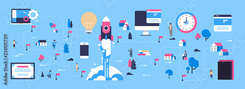 rocket launching startup concept isometric map business innovation new idea businessperson cartoon character flat horizontal banner blue background flat