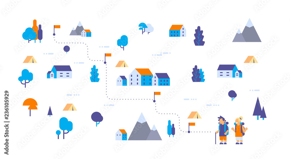 boy girl children scouts rest camp hiking backpack forest travel isometric map isolated expedition concept flat horizontal vector illustration