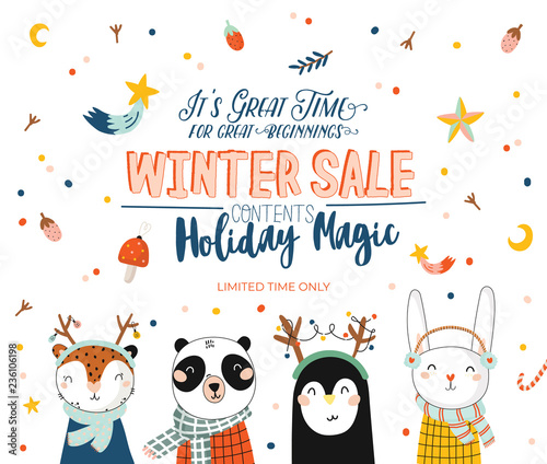 Winter Sale posters and banners. Cute Christmas illustration in vector. Scandinavian New Year elements and holiday typography good for winter sale stickers, labels, tags, cards, posters.