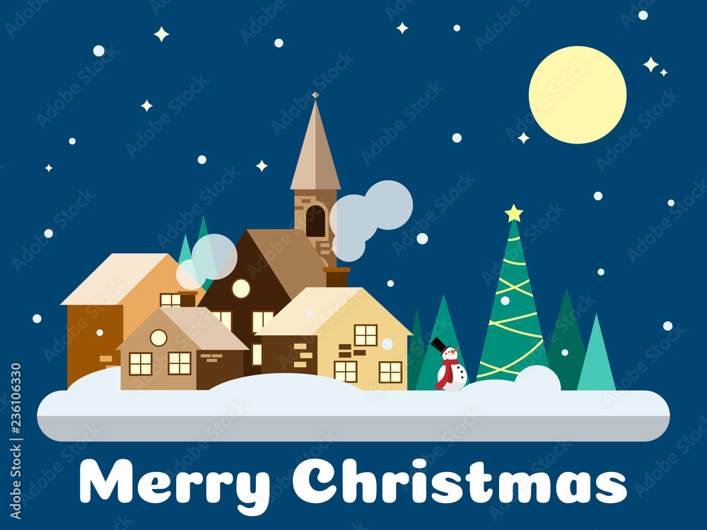 Fototapeta premium Snowy village with snowman and Christmas tree on blue sky background with full moon, stars and Merry Christmas text. Vector illustration design for Christmas holiday banner.