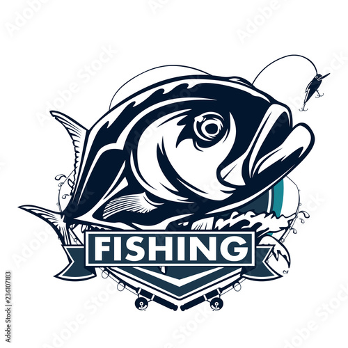 Fishing emblem of permit isolated on white. Bone fish logo in blue colours. Ocean theme background.