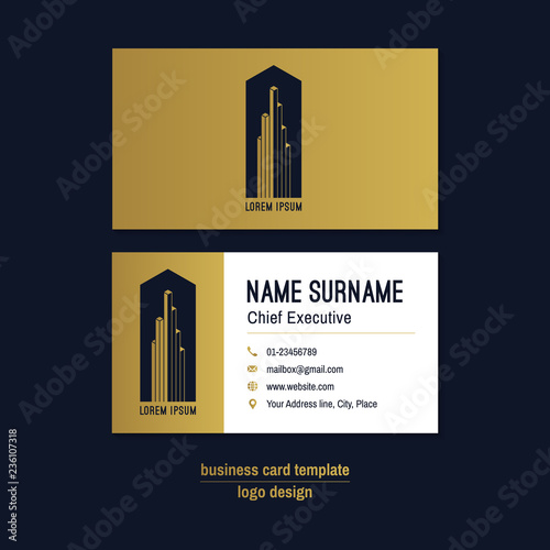 Abstract horizontal vector business card template. Gold, blue, white business card layout. Corporate business card background. Modern visit card with abstract logo and icons. Vector visiting card. 