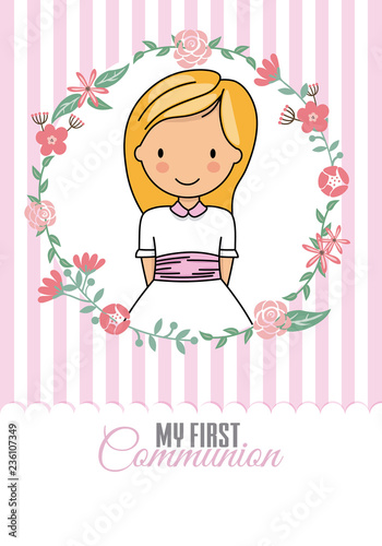 my first communion girl. Pretty girl inside a flower frame