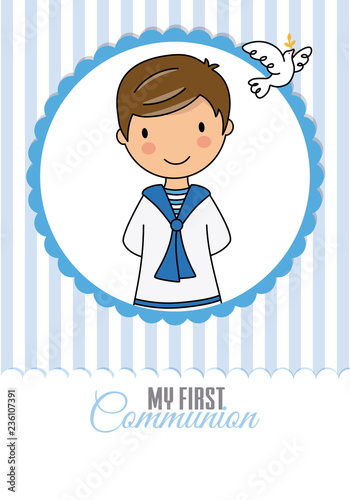 my first communion boy. child inside frame. space for text