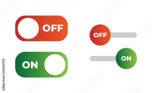 Vector switch button with on and off. Vector illustration. Designed for web and mobile apps. Set of green and red buttons.