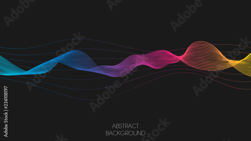 Neon colorful abstract vector wave lines blue, yellow and purple colors isolated on black background for design elements in technology, computer science and other spheres.