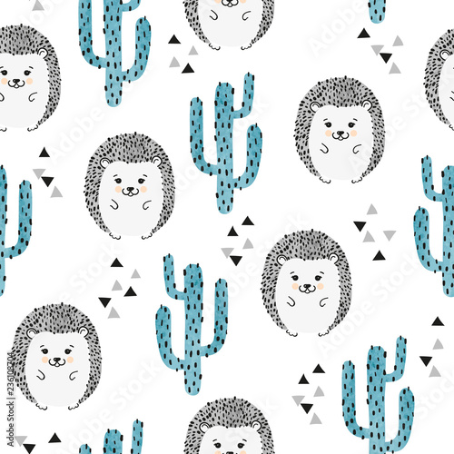 Seamless childish pattern with cute watercolor hedgehog and cactus.