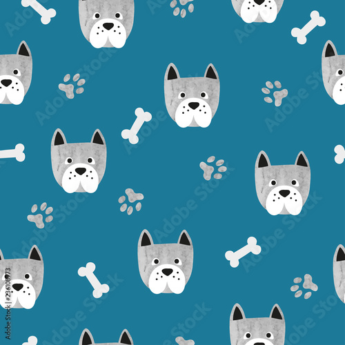 Seamless cute dog pattern. Vector background with watercolor bulldogs and bones.