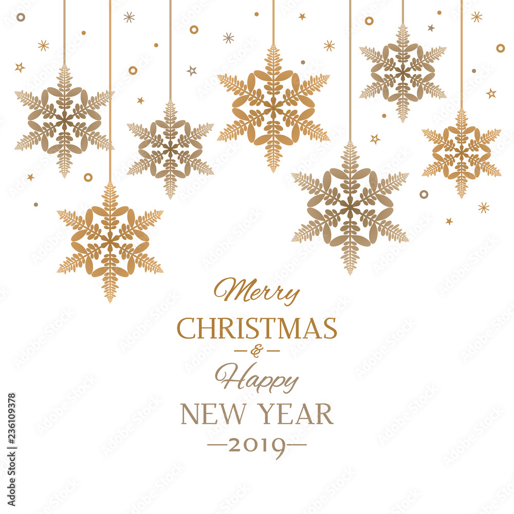 New Year greeting card or banner. stylized snowflakes and the inscription Merry Christmas and Happy New Year . flat vector illustration isolated