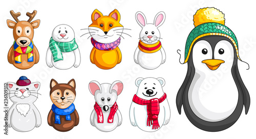 Vector set of animals in winter clothes. Collection of winter animals wearing hats and scarfs in cartoon style on white background.