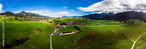 Germany, Bavaria, Swabia, Oberallgaeu, Obermaiselstein and Sonderdorf with fields photo