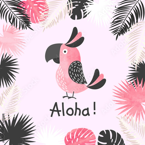 Summer tropical vector illustration with watercolor cute parrot and palm leaves.