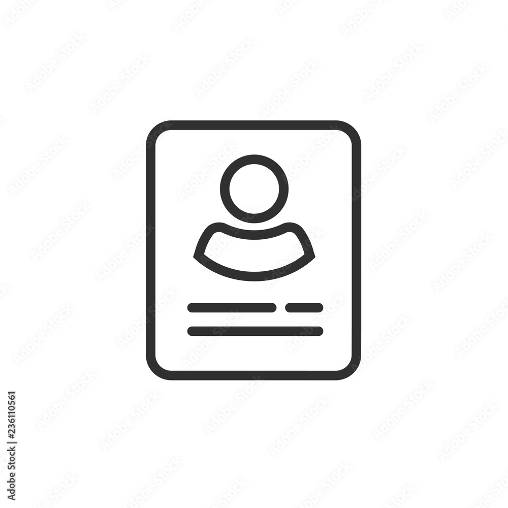 Personal info data icon vector isolated, line outline user or profile card details symbol, my account pictogram idea, identity document with person photo and text pictogram Personal info data icon vector isolated, line outline user or profile card details symbol, my account pictogram idea, identity document with person photo and text pictogram