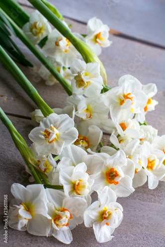 Fototapeta Naklejka Na Ścianę i Meble -  Many white narcissus are on the wooden background closeup
