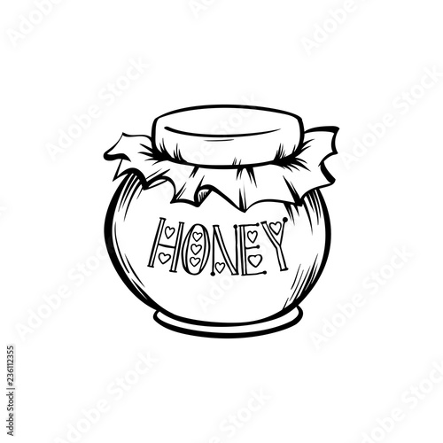 Mason or Glass Jar with Honey. Canned Organic Superfood Design. Black Outline Engraving Icon. Vintage Isolated Vector Illustration for Kitchen or Grocery Shop