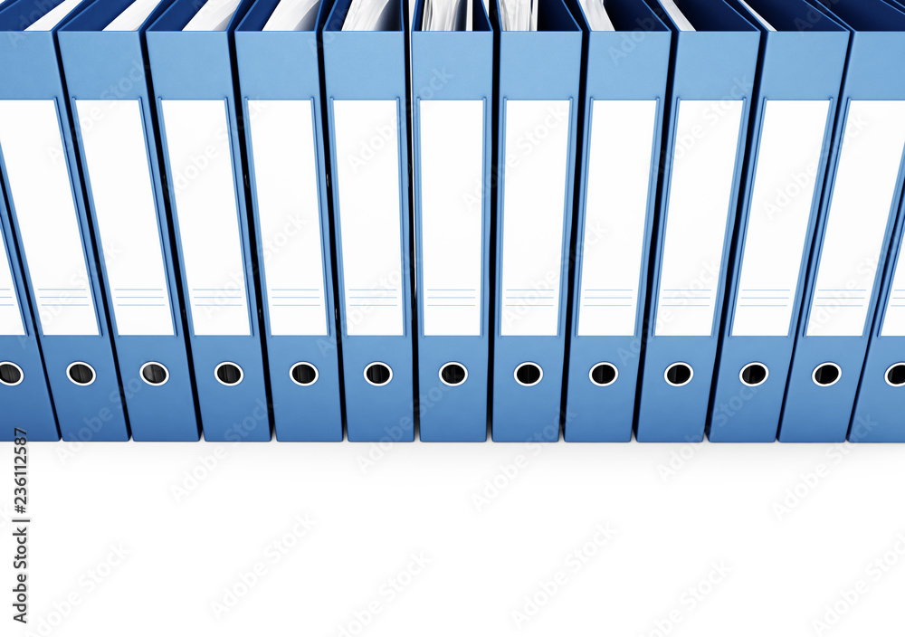 office binders row  on a white background 3D illustration, 3D rendering