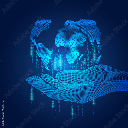 digital modern globe, wireframe hand holding digital global; concept of advancement technology world