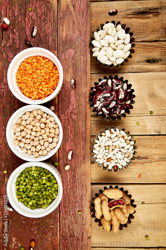 Collection set of beans and legumes. Bowls of various lentils