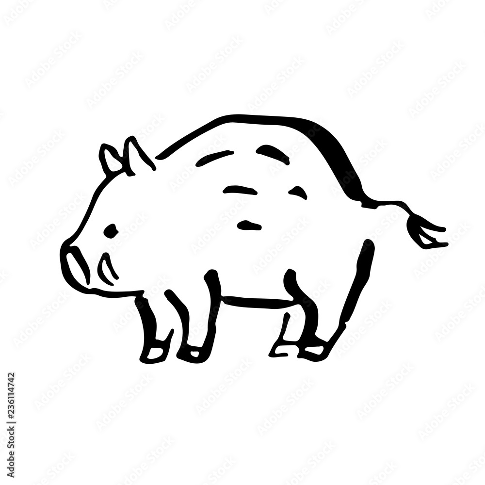 Obraz premium 年賀状素材 亥年 立ち姿猪 筆 手描き