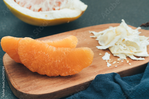 Honey pomelo pulp on the chopping board