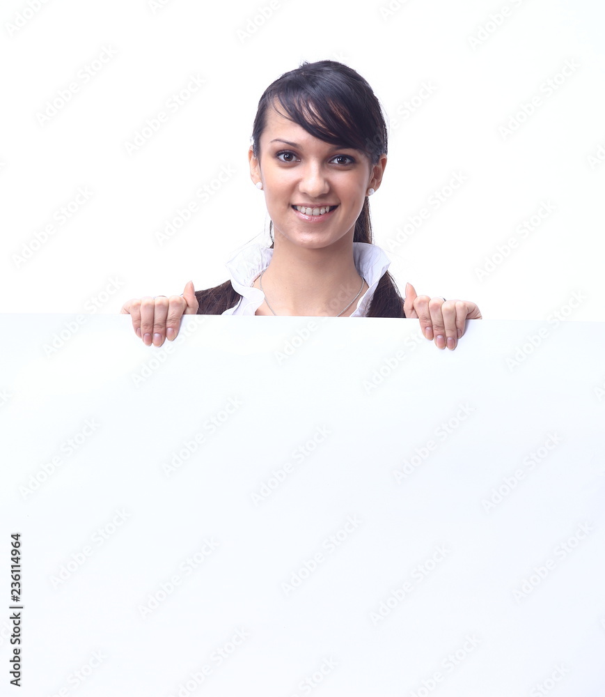 successful young business woman showing blank banner successful young business woman showing blank banner