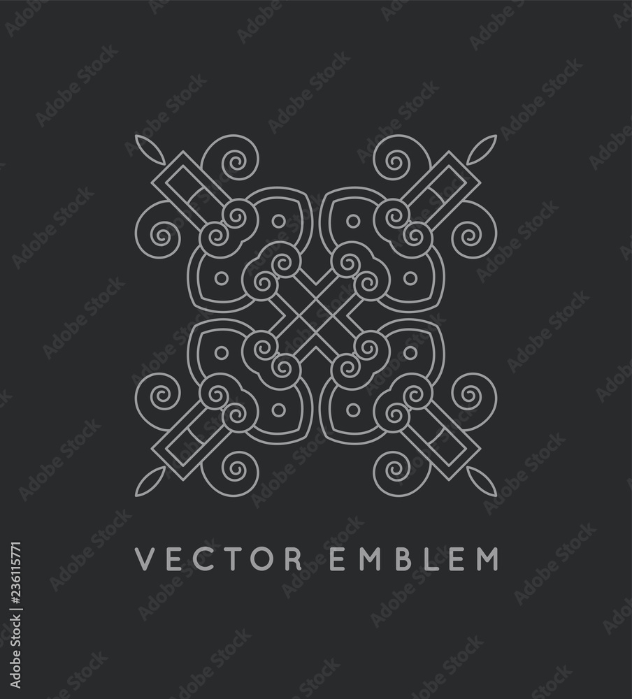 Vector emblem. Crest. Geometric symbol. Line insignia or logotype. Logo template. Vector illustration. Floral decoration. Design element. Business sign, decor.