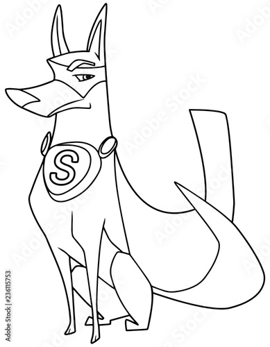 Full length line art illustration of a strong and healthy dog wearing superhero cape and mask against white background for copy space.