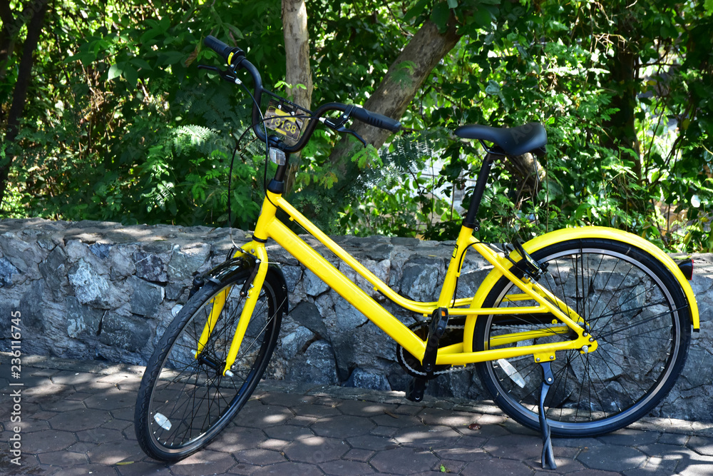 Yellow Bicycle parking near the stone wall Yellow Bicycle parking near the stone wall