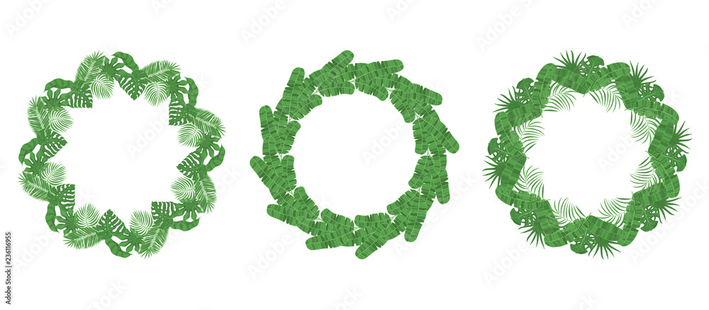 Set of hand drawn tropical, banana leaves jungle frame. Palm leaf invitation card borders. Vector isolated illustration.