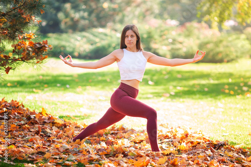 Beautiful young woman practicing yoga in the park