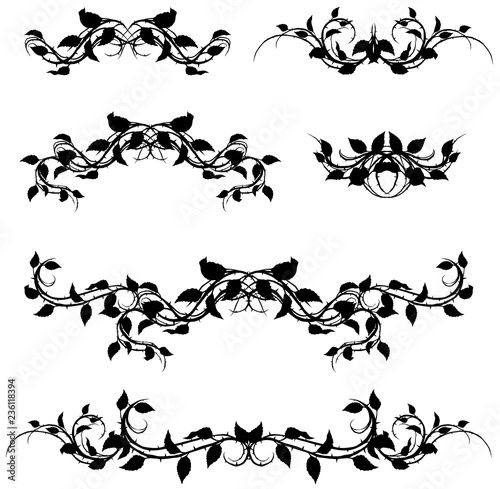 Graphic silhouette branch with leaves and thorns