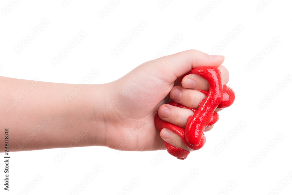 White Slime in Child Hands on Pink Background. Stock Image - Image