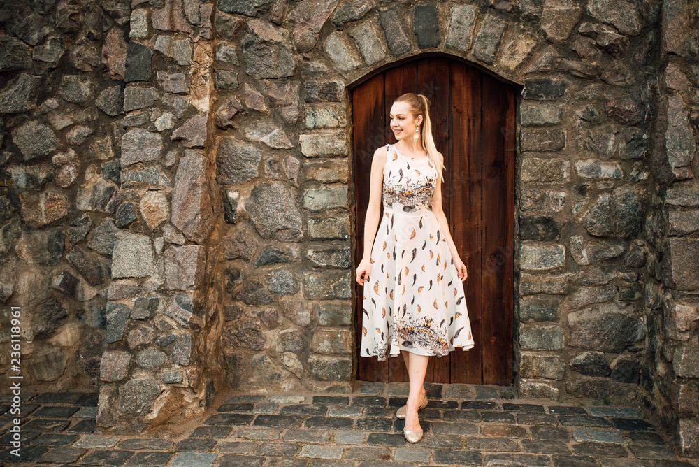 beautiful girl in a dress outdoors, amazing woman on the background of the old door of a stone wall